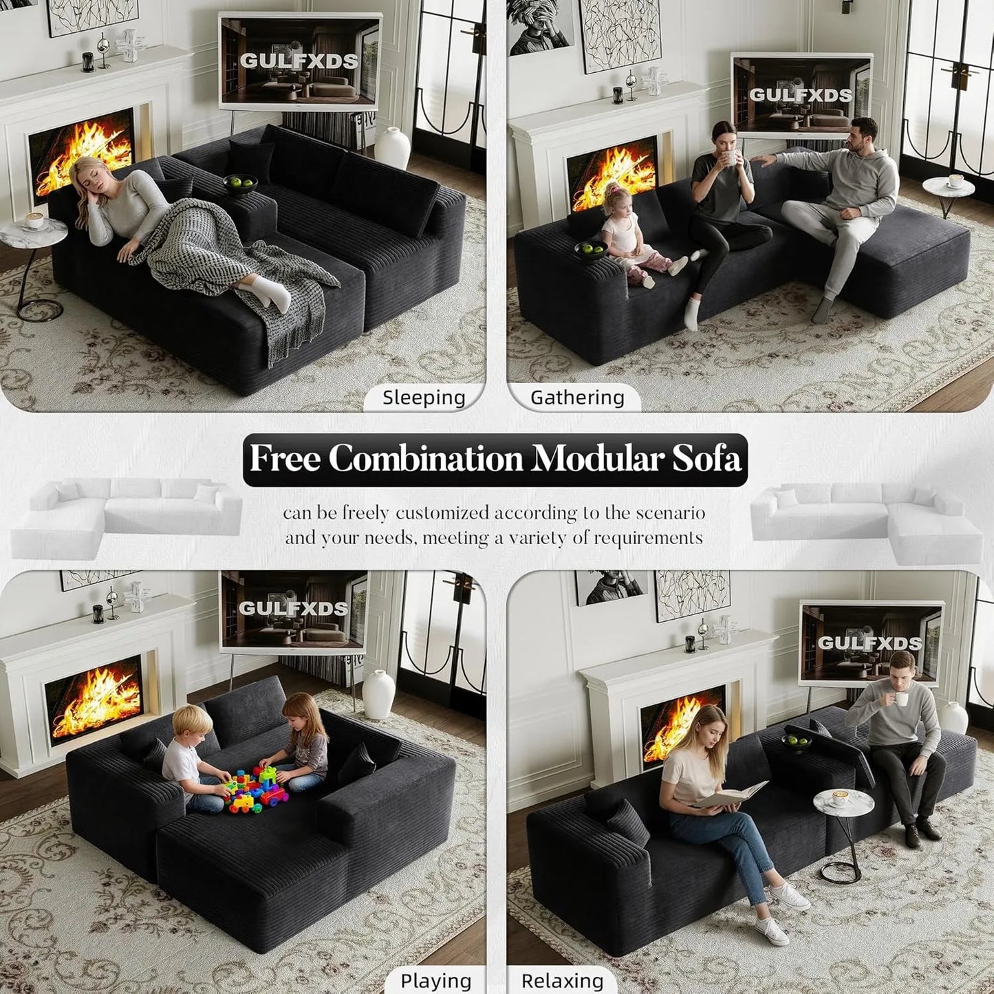3-seater L-shaped Modular Sofa Black Corduroy Left Chaise Lounge Chair Couch