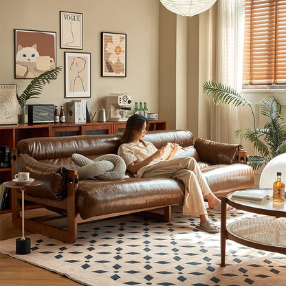 Retro single solid wood sofa chair living room designer casual leather lying down