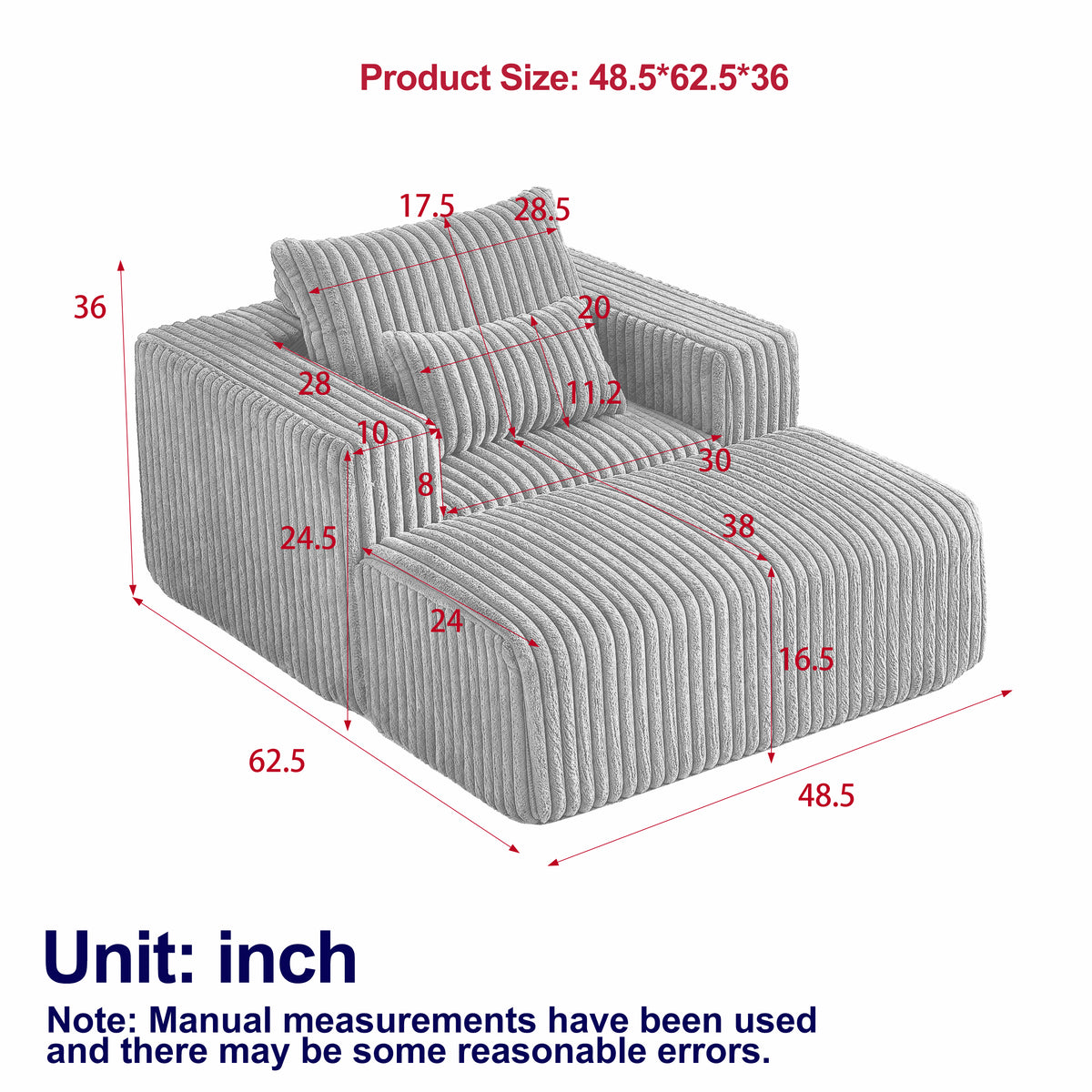 62.5-Inch Corduroy Sponge Sofa Lounge Chair with Removable Footrest, Fluffy Modern Sleeper Chair for Living Room and Bedroom,