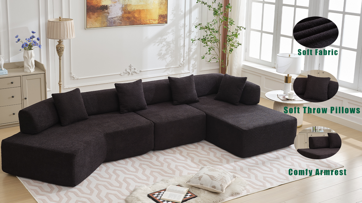 Modern Minimalist Sectional Sofa: L-Shape Cloud Couch with Deep Seats Right Chaise - Black