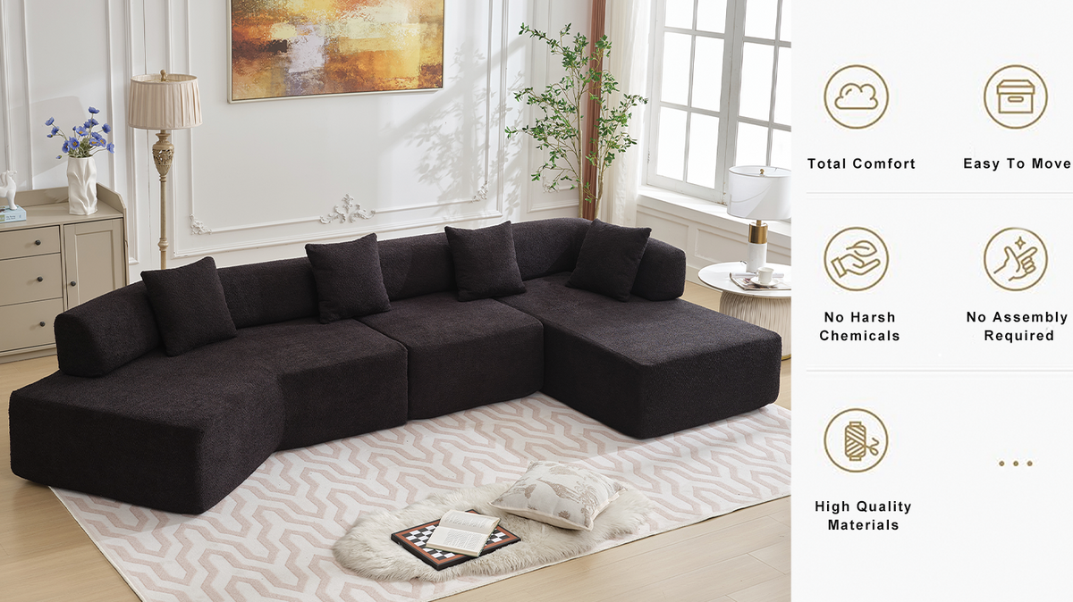 Modern Minimalist Sectional Sofa: L-Shape Cloud Couch with Deep Seats Right Chaise - Black