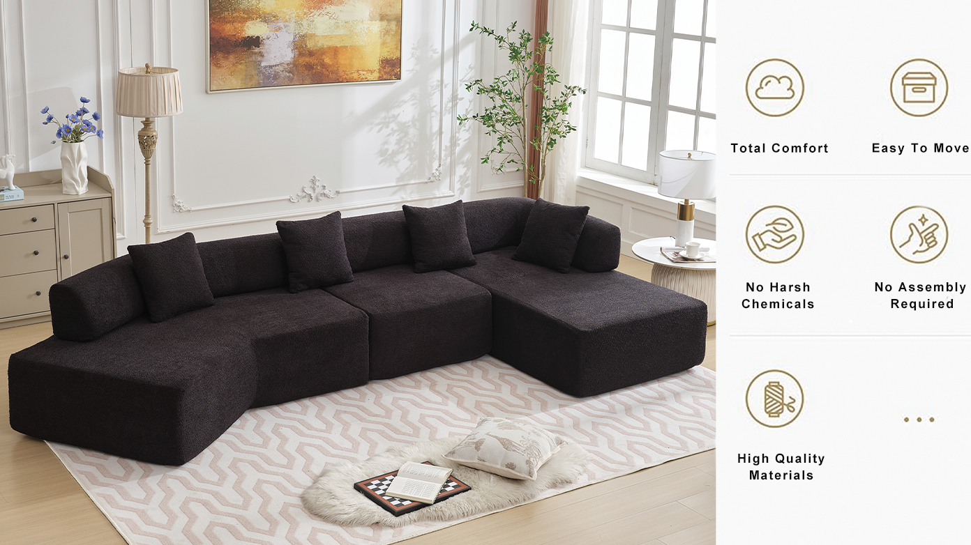 Modern Minimalist Sectional Sofa: L-Shape Cloud Couch with Deep Seats Right Chaise - Black