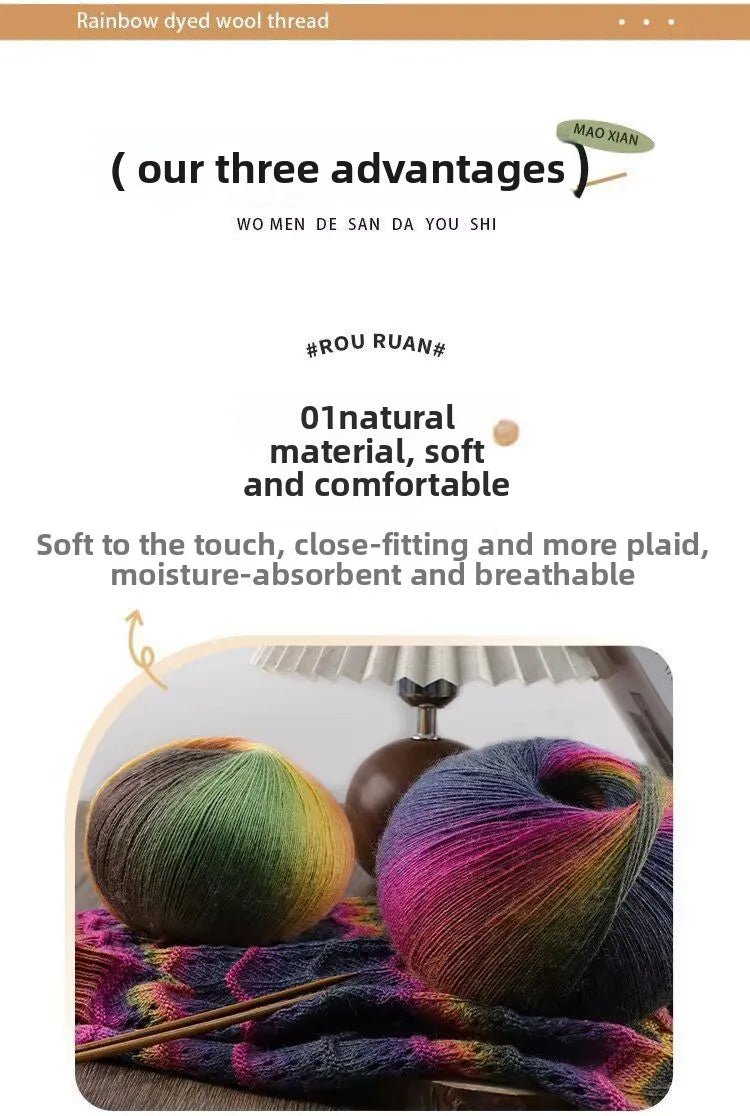 200g/set Rainbow Wool Yarn for Knitting Shawls Scarfs Sweaters Jackets Hats DIY Hand Soft Comfortable Segment Dyeing Thread - PatioLix