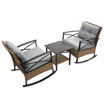 3pcs Grey Rattan Outdoor Leisure Rocking Chair Set