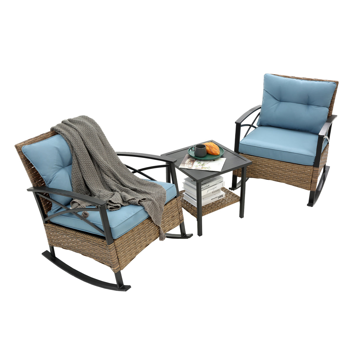 3-Piece Rattan Rocking Chair Set - Outdoor Leisure Seating in Gray for Patio or Garden