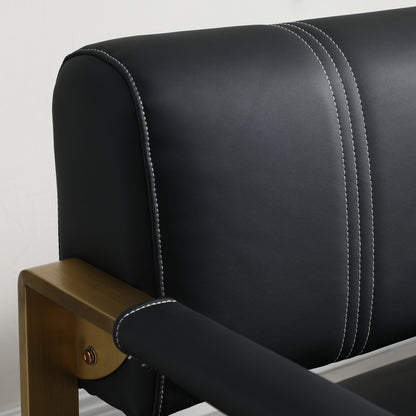 57.9" Modern Faux Leather Loveseat Sofa for Living Room, Office, or Studio - 2 Seater Couch with Gold Metal Arms, Black