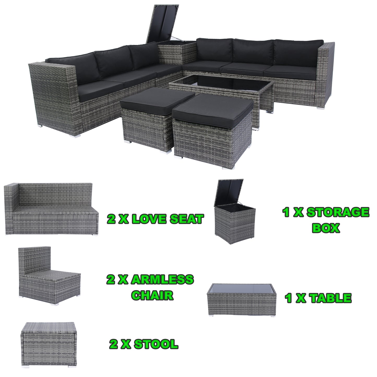 8-Piece Patio Sectional Wicker Rattan Outdoor Sofa Set with Storage Box and Cushion Box, Grey Wicker, Black Cushions, Clear