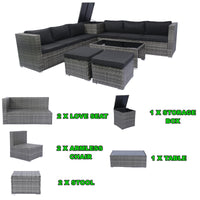 8-Piece Patio Sectional Wicker Rattan Outdoor Sofa Set with Storage Box and Cushion Box, Grey Wicker, Black Cushions, Clear