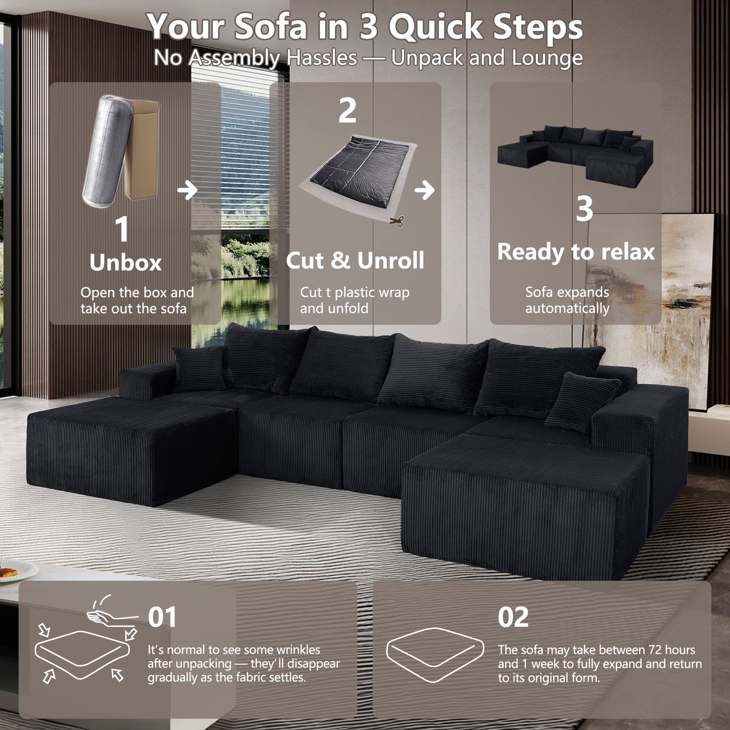 Modular U-Shaped Sectional Sofa in Black, Convertible Oversized Couch with Chaise Lounge, No Assembly Required, Soft Corduroy