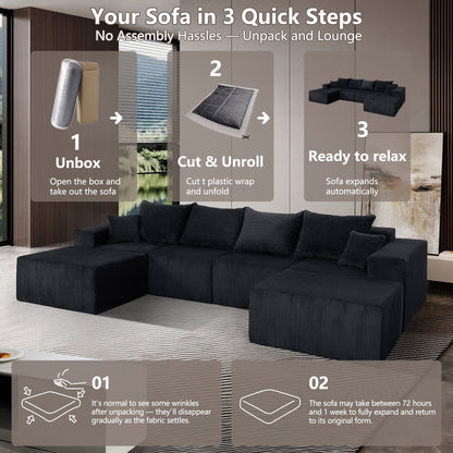 Modular U-Shaped Sectional Sofa in Black, Convertible Oversized Couch with Chaise Lounge, No Assembly Required, Soft Corduroy