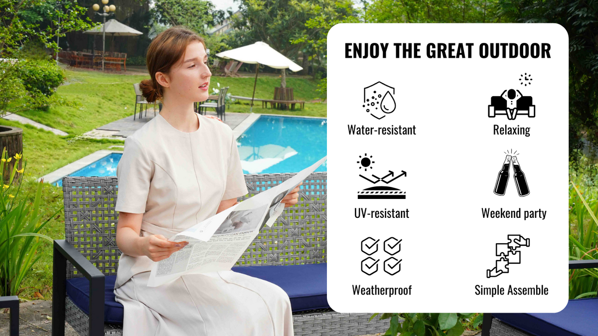 4-Piece Outdoor Patio Furniture Set for Balcony Garden Lawn, Gray Acacia Wood Table, Blue Cushions, Light Gray Rattan