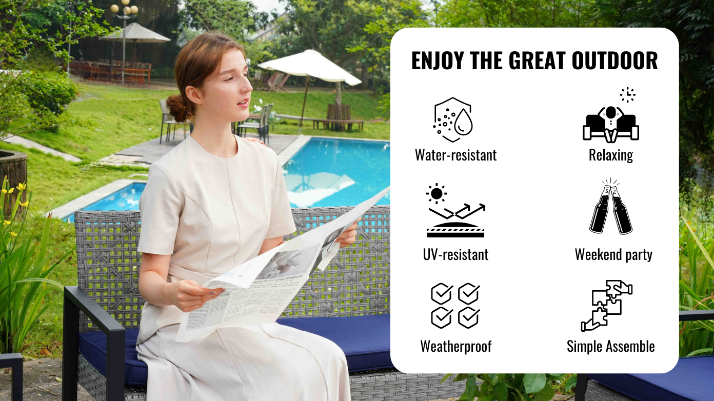 4-Piece Outdoor Patio Furniture Set for Balcony Garden Lawn, Gray Acacia Wood Table, Blue Cushions, Light Gray Rattan