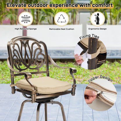 Outdoor Swivel Bar Stools Set of 2, Cast Aluminum Patio Bar Height Chairs, All-Weather Swivel Dining Chairs for Outdoor