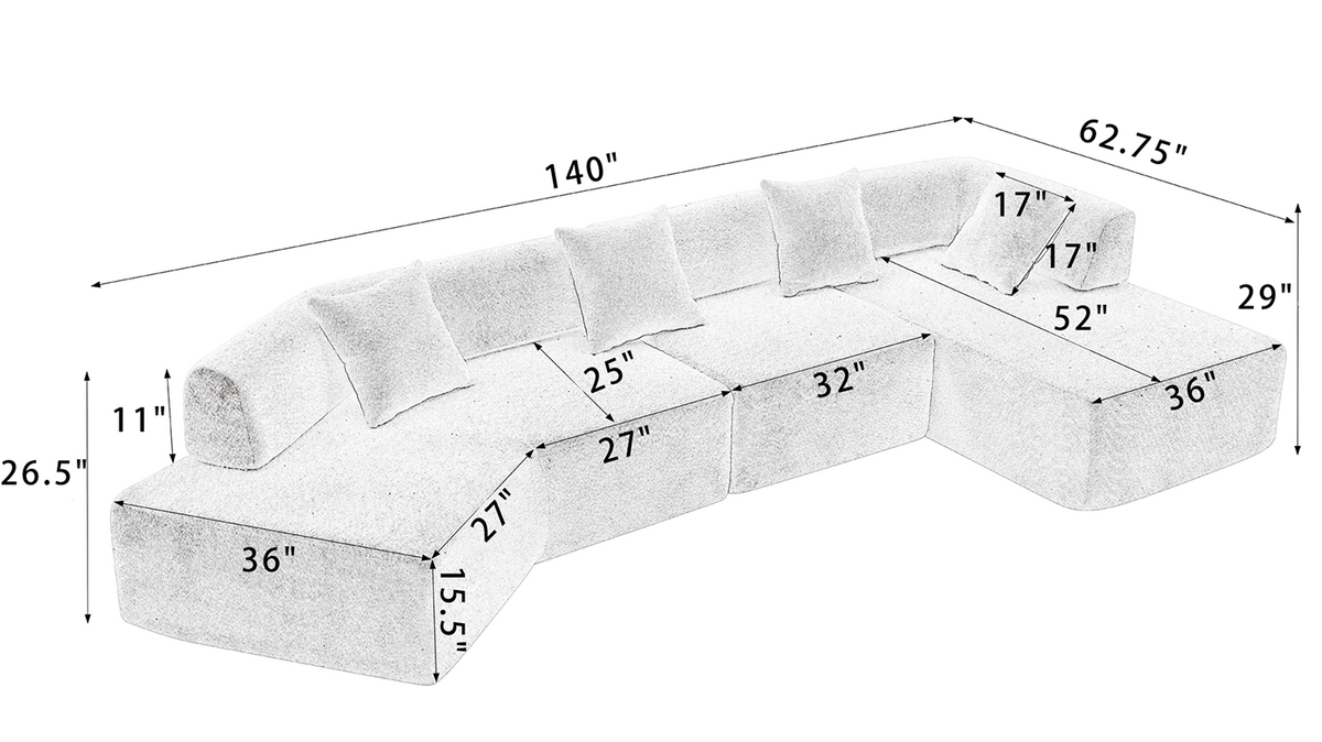 Modern Minimalist Sectional Sofa: L-Shape Cloud Couch with Deep Seats Right Chaise - Black