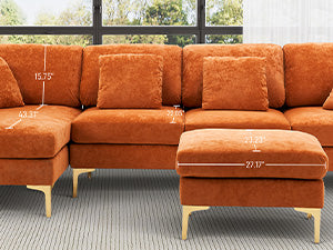 U Shaped Sectional Sofa Couch Set for Living Room Convertible Velvet with Chaise Lounge Ottoman and Pillows