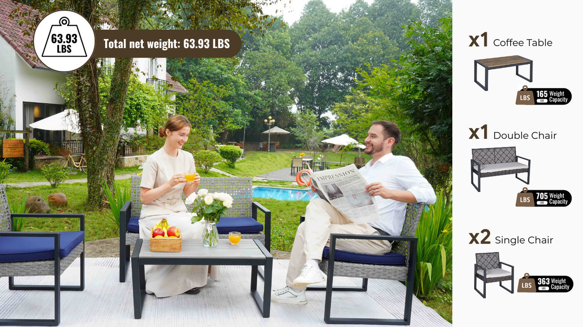 4-Piece Outdoor Patio Furniture Set for Balcony Garden Lawn, Gray Acacia Wood Table, Blue Cushions, Light Gray Rattan