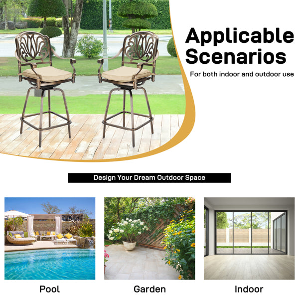 Outdoor Swivel Bar Stools Set of 2, Cast Aluminum Patio Bar Height Chairs, All-Weather Swivel Dining Chairs for Outdoor