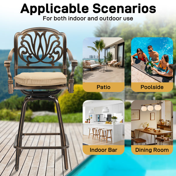 Outdoor Swivel Bar Stools Set of 2, Cast Aluminum Patio Bar Height Chairs, All-Weather Swivel Dining Chairs for Outdoor