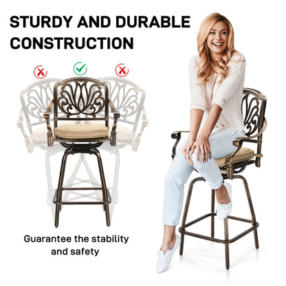 Outdoor Swivel Bar Stools Set of 2, Cast Aluminum Patio Bar Height Chairs, All-Weather Swivel Dining Chairs for Outdoor