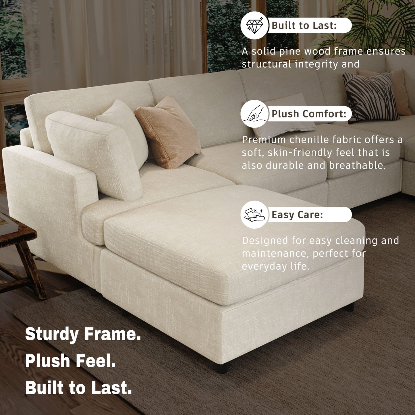 U-Style 127" U-Shaped Sectional Sofa with Movable Ottoman, 6-Piece Chenille Fabric Sofa Set, Convertible Modular Corner Couch