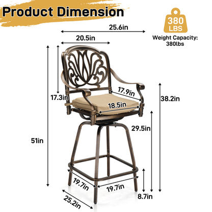 Outdoor Swivel Bar Stools Set of 2, Cast Aluminum Patio Bar Height Chairs, All-Weather Swivel Dining Chairs for Outdoor
