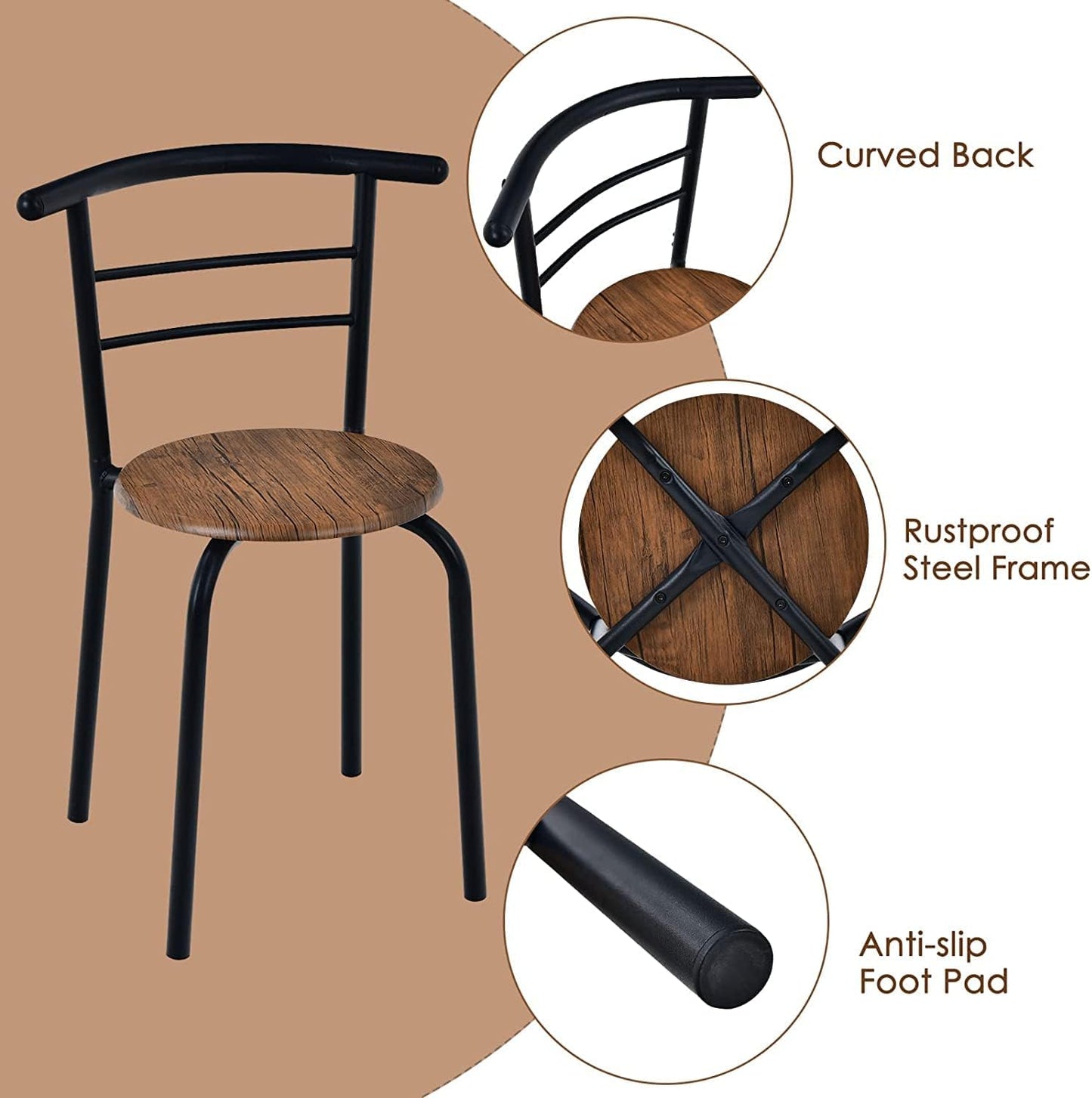 3 Piece Dining Table Set, Compact Table And 2 Chairs Set, W/Metal Frame And Storage Shelf, Breakfast Table Set For Apartment