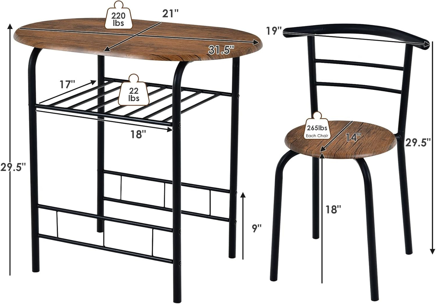 3 Piece Dining Table Set, Compact Table And 2 Chairs Set, W/Metal Frame And Storage Shelf, Breakfast Table Set For Apartment