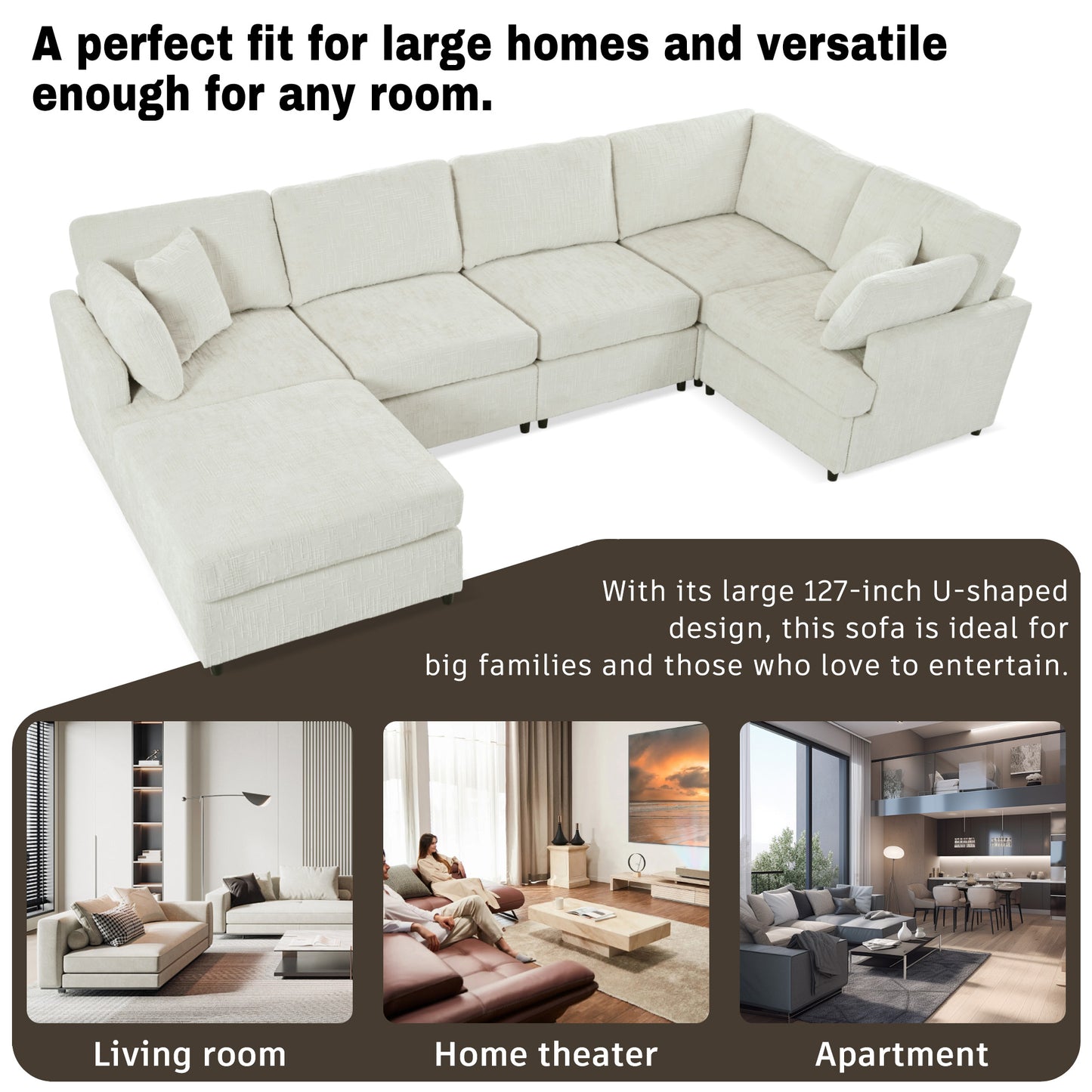 U-Style 127" U-Shaped Sectional Sofa with Movable Ottoman, 6-Piece Chenille Fabric Sofa Set, Convertible Modular Corner Couch