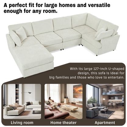 U-Style 127" U-Shaped Sectional Sofa with Movable Ottoman, 6-Piece Chenille Fabric Sofa Set, Convertible Modular Corner Couch