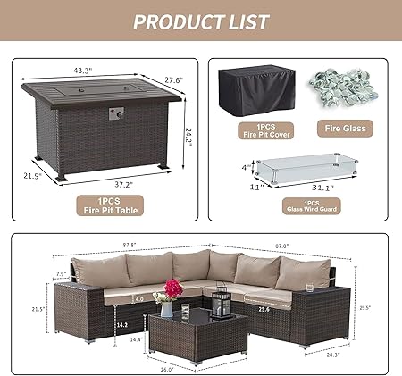 7 Pieces Outdoor Patio Furniture Set With 43"" 55000Btu Gas Propane Fire Pit Table Pe Wicker Rattan Sectional Sofa Patio