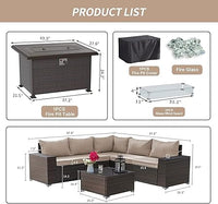 7 Pieces Outdoor Patio Furniture Set With 43"" 55000Btu Gas Propane Fire Pit Table Pe Wicker Rattan Sectional Sofa Patio