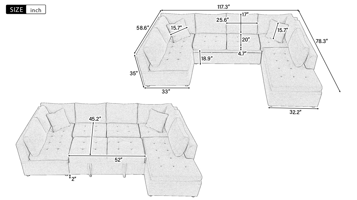 117.3" U-Shaped Oversized Sectional Sofa Couch with Pull-out Bed & 2 Pillows for Living Room, Gray Color
