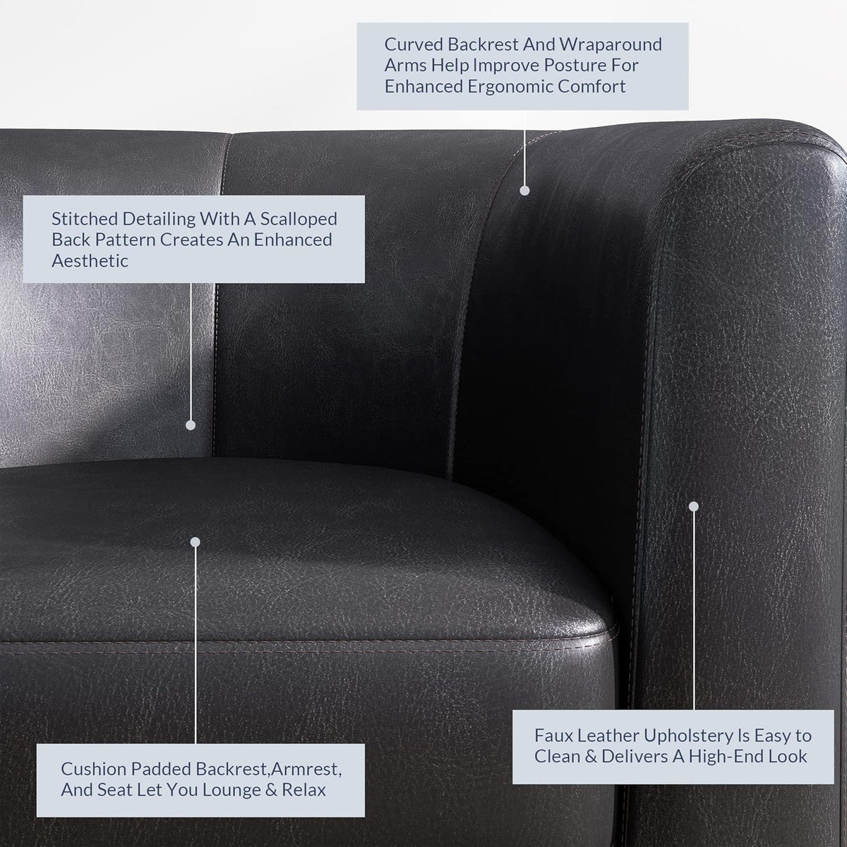 Living Room Chair, Faux Leather Round Accent Barrel Chair, Club Tub Sofa Chair For Bedroom, Corner Chair With Flared Legs And