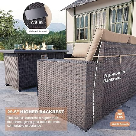 7 Pieces Outdoor Patio Furniture Set With 43"" 55000Btu Gas Propane Fire Pit Table Pe Wicker Rattan Sectional Sofa Patio