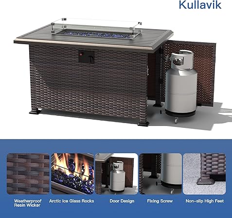 7 Pieces Outdoor Patio Furniture Set With 43"" 55000Btu Gas Propane Fire Pit Table Pe Wicker Rattan Sectional Sofa Patio