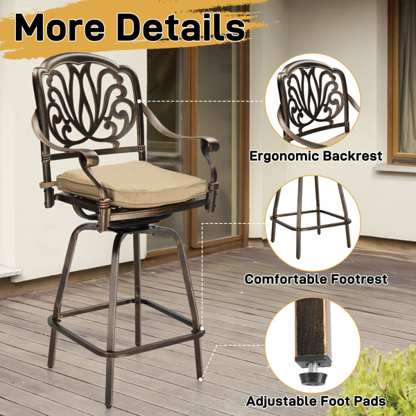 Outdoor Swivel Bar Stools Set of 2, Cast Aluminum Patio Bar Height Chairs, All-Weather Swivel Dining Chairs for Outdoor