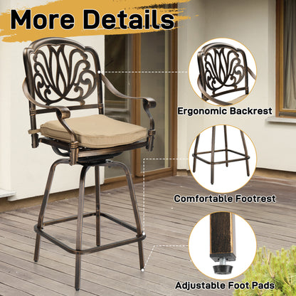 Outdoor Swivel Bar Stools Set of 2, Cast Aluminum Patio Bar Height Chairs, All-Weather Swivel Dining Chairs for Outdoor