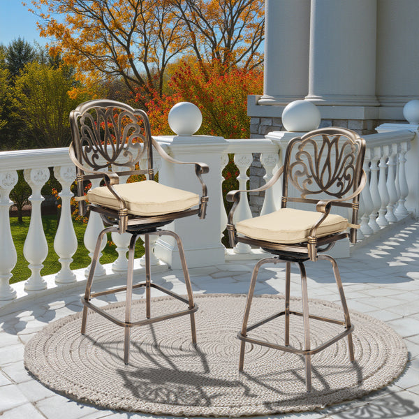 Outdoor Swivel Bar Stools Set of 2, Cast Aluminum Patio Bar Height Chairs, All-Weather Swivel Dining Chairs for Outdoor