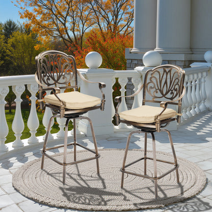 Outdoor Swivel Bar Stools Set of 2, Cast Aluminum Patio Bar Height Chairs, All-Weather Swivel Dining Chairs for Outdoor
