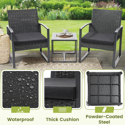 3 Piece Wicker Patio Bistro Set, Rattan Conversation Set With Coffee Table, For Balcony, Porch, Garden, Yard, Poolside, Bla