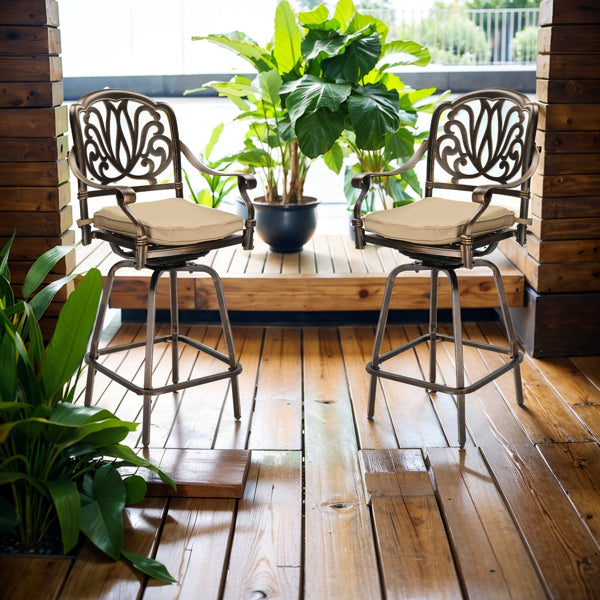 Outdoor Swivel Bar Stools Set of 2, Cast Aluminum Patio Bar Height Chairs, All-Weather Swivel Dining Chairs for Outdoor