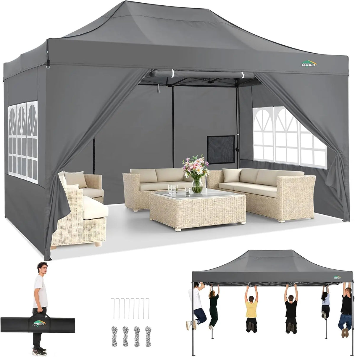10x15 Pop up Canopy Tent Heavy Duty Gazebo with 4 Sidewalls,UPF 50+ All Weather Waterproof Commercial Outdoor Wedding Party Tent