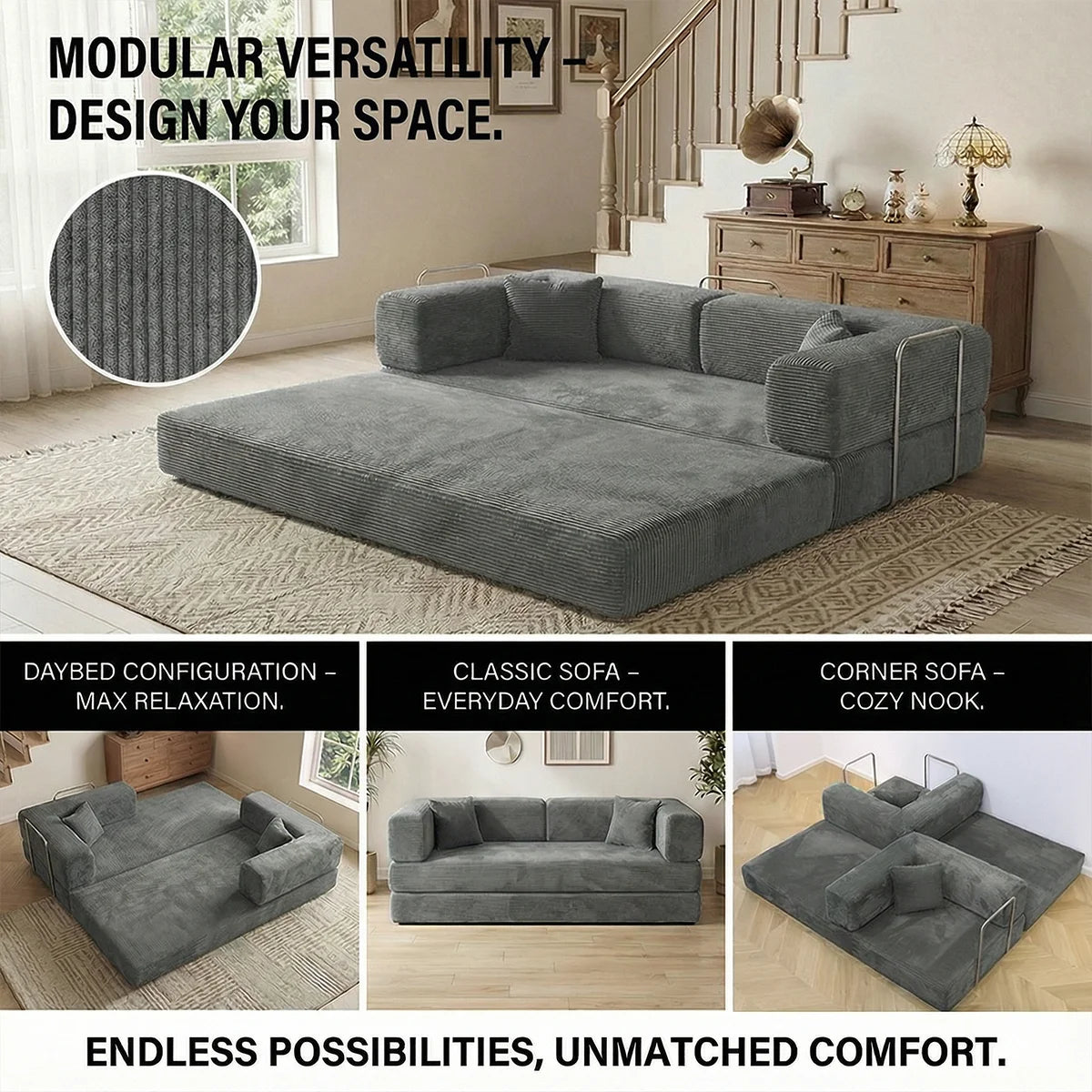 Queen Size Futon Sofa Bed 79' Convertible Couch 4-in-1 Folding Corduroy Boneless Sleeper Loveseat for Living Room