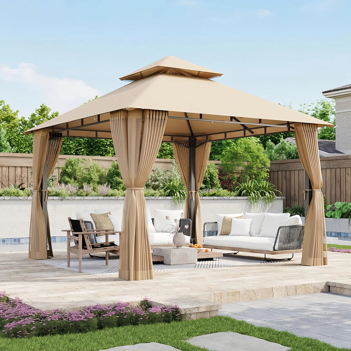 Aoxun 10x10FT Gazebo with Mosquito Netting Double Roof Outdoor Party Tent with Zipper Screens for Backyard Garden