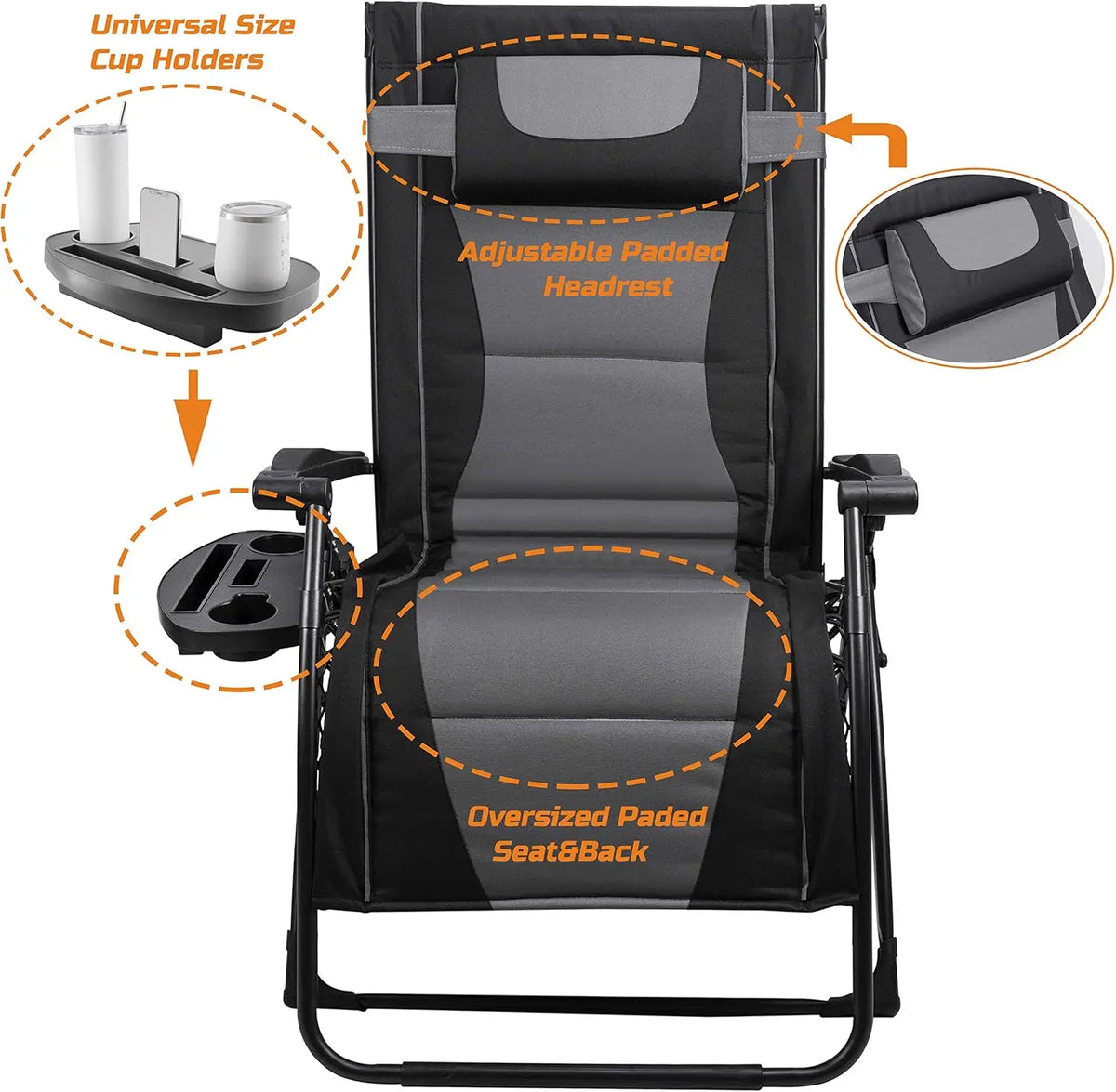 XXL Oversize Recliner Folding Chair for Camping Patio Outdoors Zero Gravity Extra Wide Reclining Padded Seats with Sunshade and