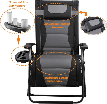 XXL Oversize Recliner Folding Chair for Camping Patio Outdoors Zero Gravity Extra Wide Reclining Padded Seats with Sunshade and