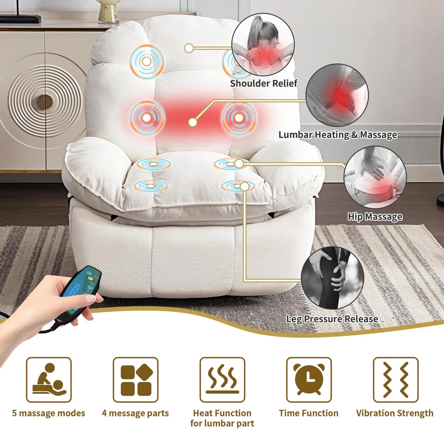 Electric Recliner Relax Chair with Heating, USB-A and USB-C Charging Ports for Bedroom, Living Room, Study - White