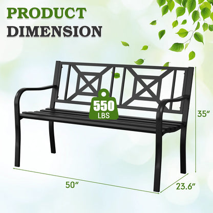 50" Heavy-Duty Garden Bench,600LBS Wrought Iron Welcome Patio Bench with PVC Back and, Outdoor Bench with Armrests for Porch
