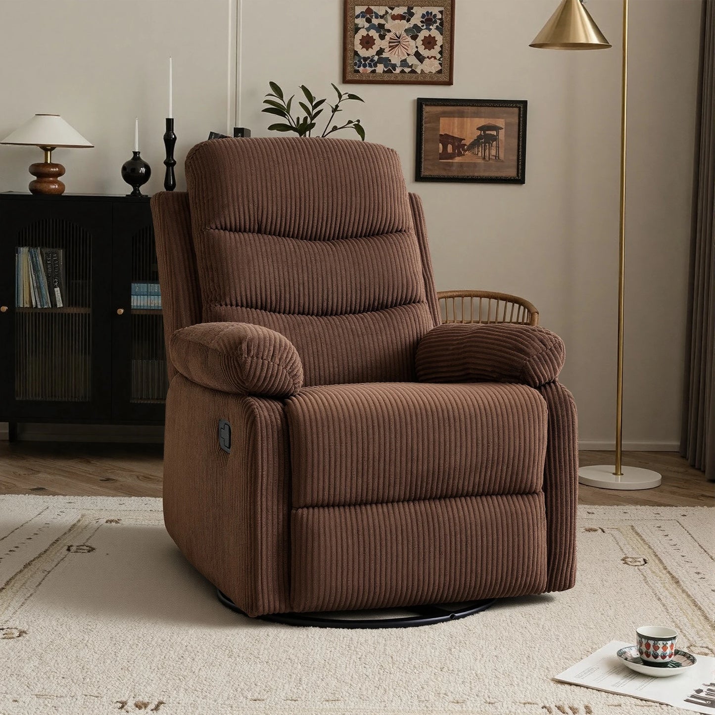 Corduroy Swivel Recliner Chair, Manual Reclining with Footrest, Comfortable Single Sofa for Living Room Bedroom