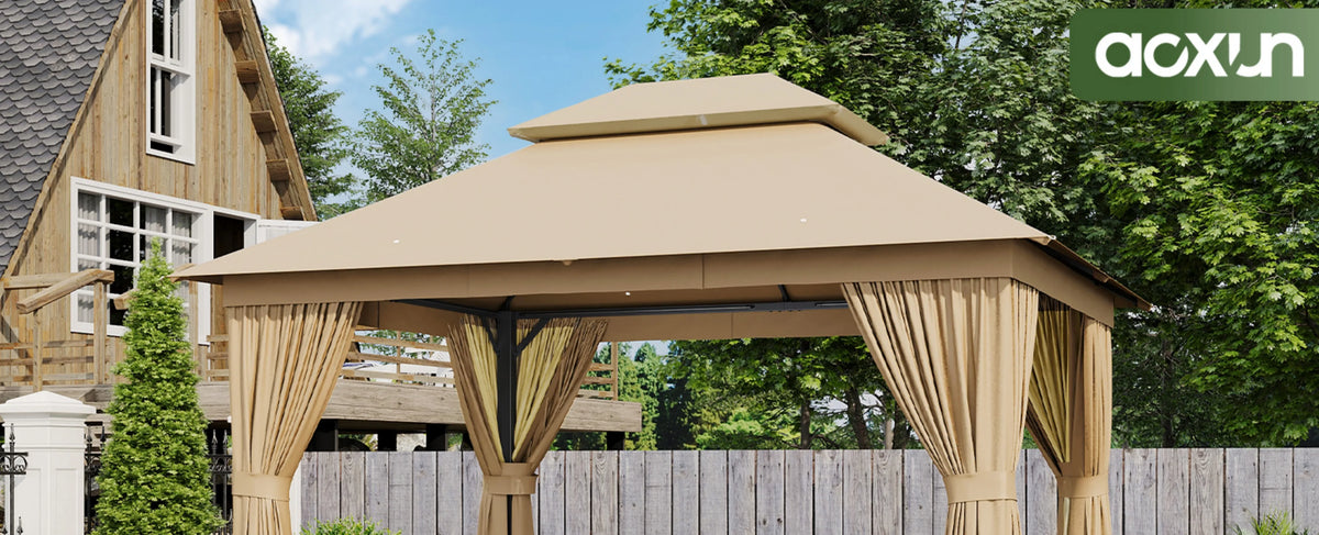 Aoxun 12x10 Heavy Duty Gazebo with Curtain and Mosquito Netting Double Roof Patio Tent Zipper Screen Backyard Garden Lawn Shelter Beige